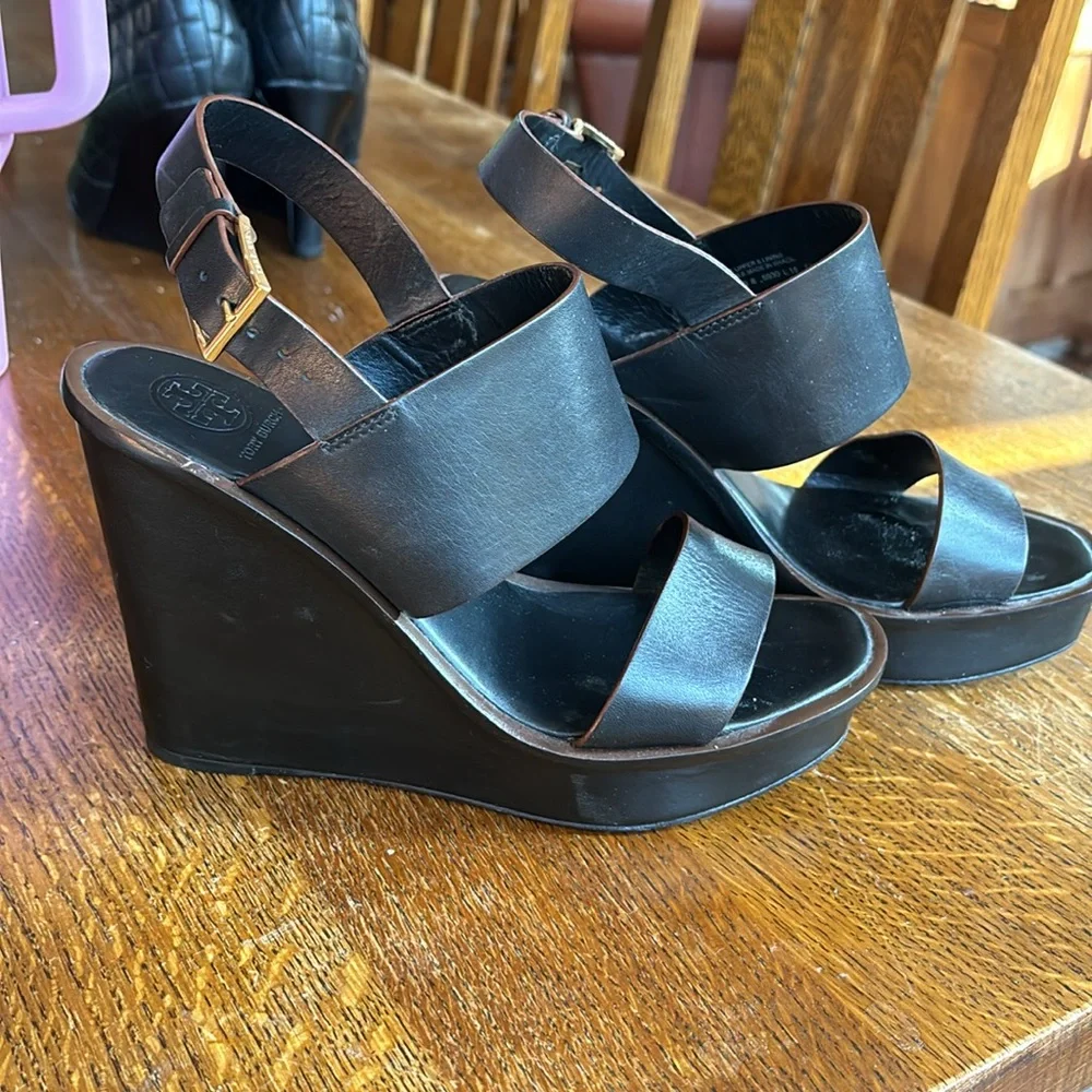 Tory Burch Black Leather Wedge Sandals